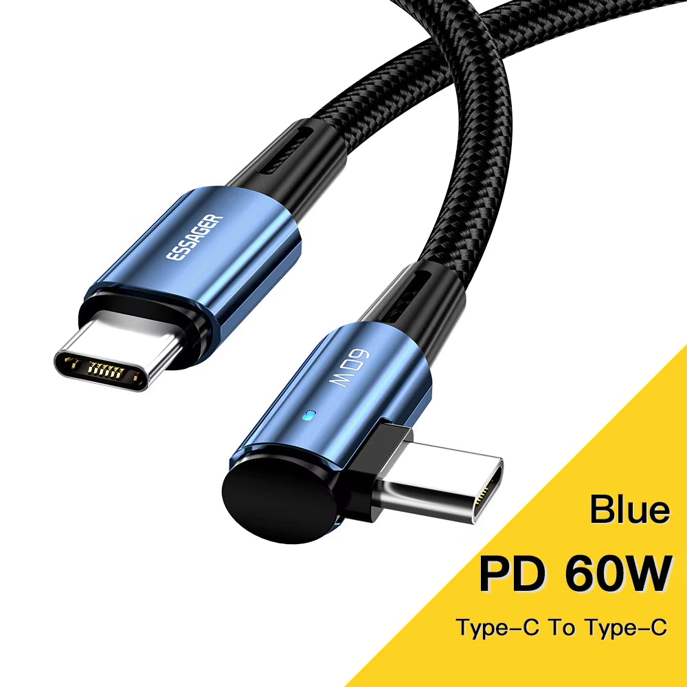 100W USB Type C to USB C Cable 90 Degree Angle for Ipad Macbook Pro Xiaomi Samsung Huawei Fast Charging Type-C Date Wire