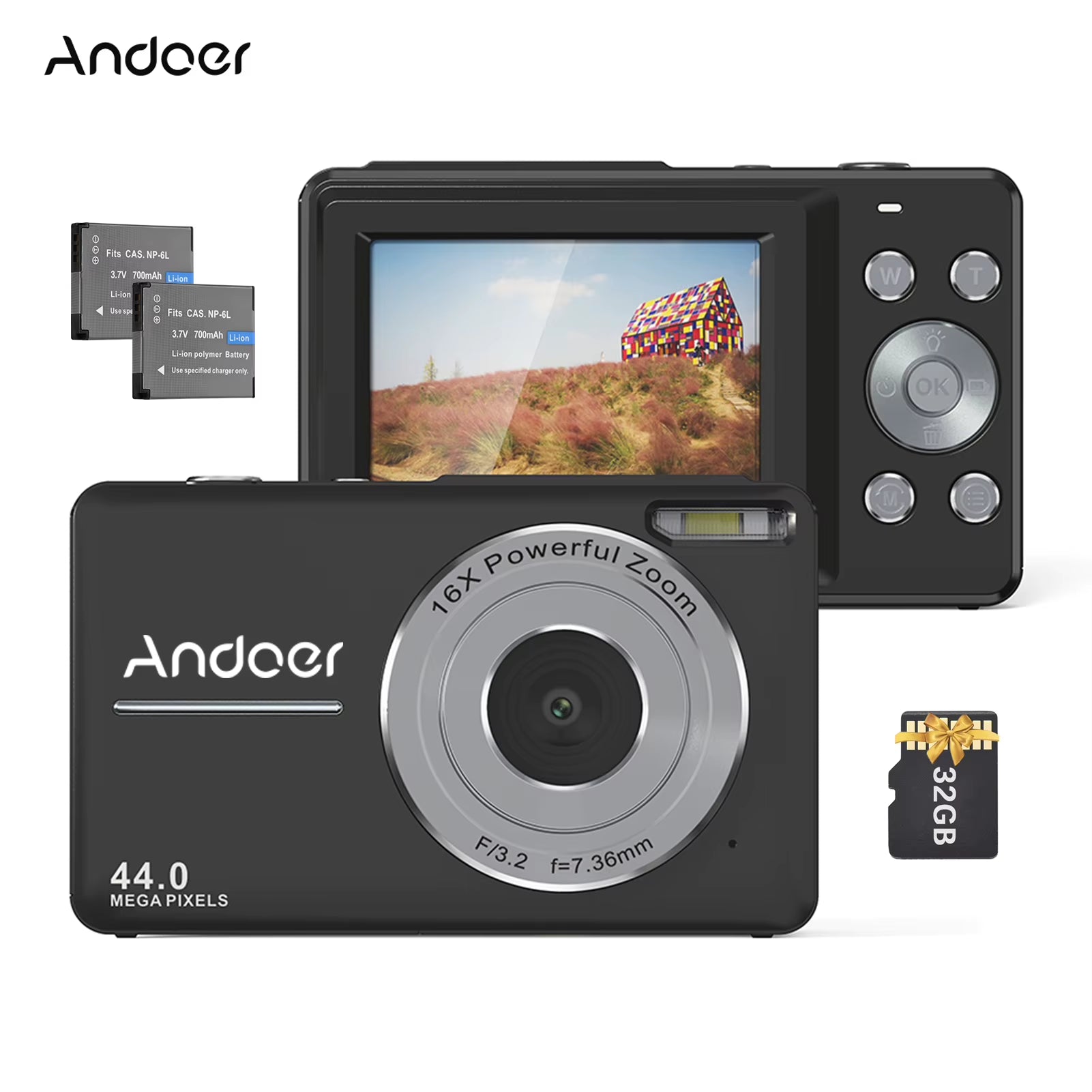 Portable 1080P Digital Camera Video Camcorder 44MP Auto Focus 2.5 IPS Screen 16X Digital Zoom Anti-Shake Face Detect