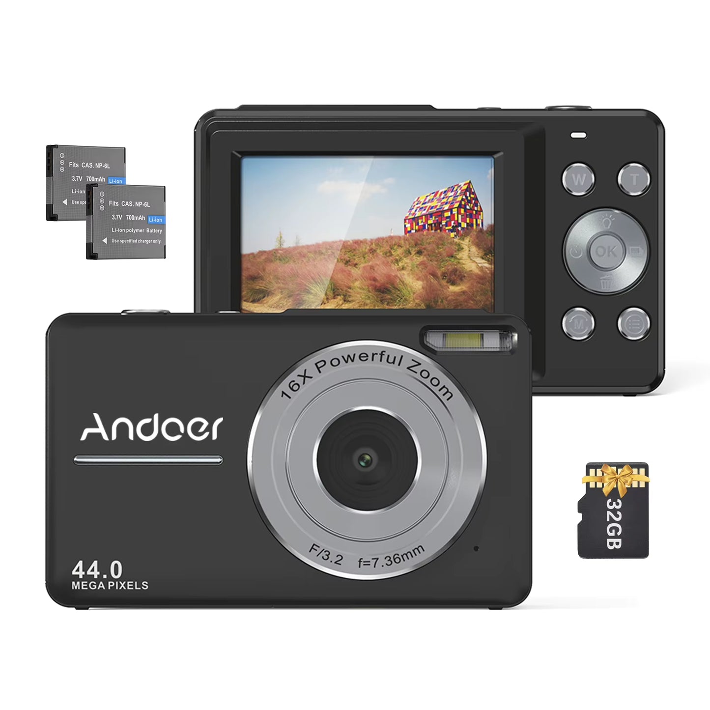 Portable 1080P Digital Camera Video Camcorder 44MP Auto Focus 2.5 IPS Screen 16X Digital Zoom Anti-Shake Face Detect